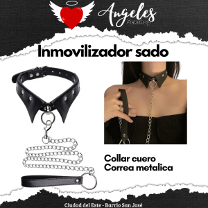 Inmovilizador sado, collar cuero y correa metalica
